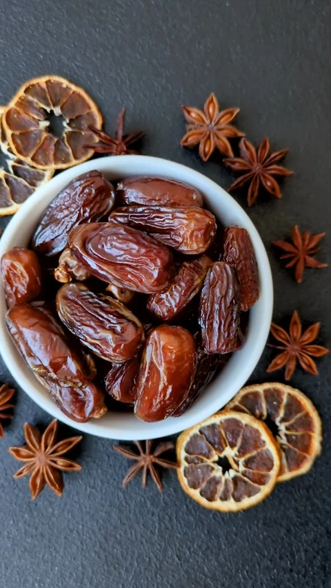 Dried tropical date fruit as an ingredient for fresh organic diet food Stock Footage 306006719