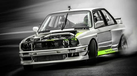 Drift car BMW E30 VB Turbo in action Stock Photos