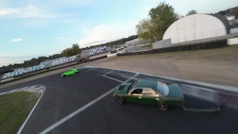 Drift training cars driving, FPV drone Stock Footage 252736676