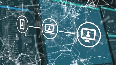 Drifting 3D node web causing devices emerging, linking, view shifting, showing Stock Footage 333061105