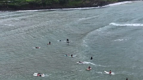 Drifting Aerial Above Crowded Surf Lineup As One Rider Catches Small Wave Vídeo Stock 342651372
