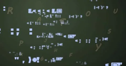 Drifting alphanumeric code fragments floating over deep green digital display, Stock Photos