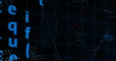 Drifting alphanumeric symbols and binary stream in data matrix, with red symbols 스톡 사진