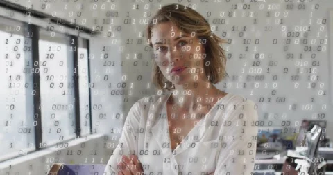 Drifting binary flow in tech office urging woman shifting gaze adjusting posture Stock Footage 326189512