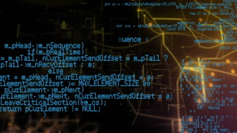 Drifting chars starting blue code fading in scrolling pulsing orange network Stock Footage 312083007