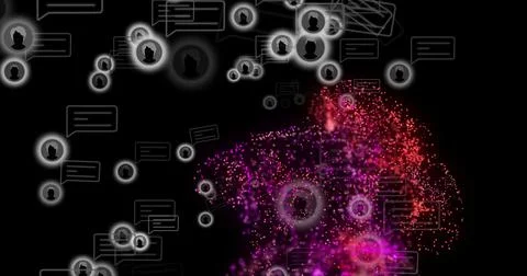 Drifting chat bubbles and user icons through digital void, forming colored Stock Illustration