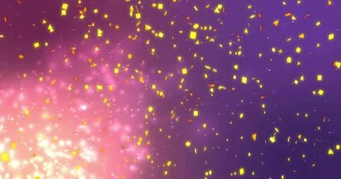 Drifting cloud of glowing golden squares moving across purple-pink gradient, 스톡 일러스트