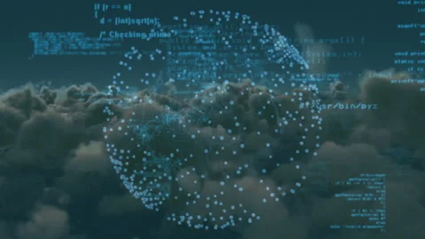 Drifting clouds initiating code particles forming rotating sphere illustrating Stock Footage 313509011