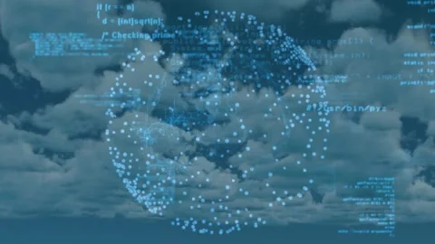 Drifting clouds revealing glowing sphere, sliding code streams forming digital Stock Footage 317206416