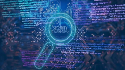Drifting code drawing cyan lens left, rotating to center, revealing SECURITY Stock Footage 329533697