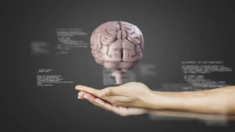 Drifting code with hands entering cupping brain appearing rotating fading and Stock Footage 328458312