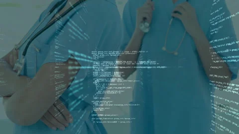 Drifting code lines are flowing past two in scrubs health pros showing digital Stock Footage 312757632