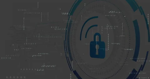 Drifting code triggers concentric blue rings rotating converging, padlock Stock Footage 311697657