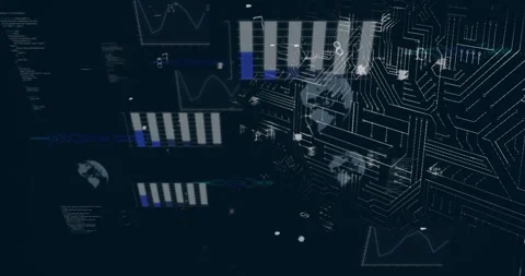 Drifting data initiating charts, globe icons and circuits merging into padlock Stock Footage 309894308