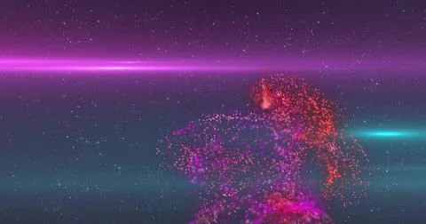 Drifting dense purple particle cloud right of space scene, showing cyan streak, Stock Illustration