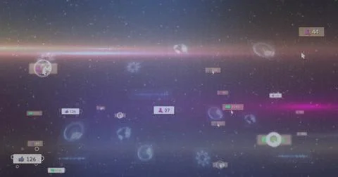 Drifting digital interface icons forming virtual cosmic network, with like Foto stock