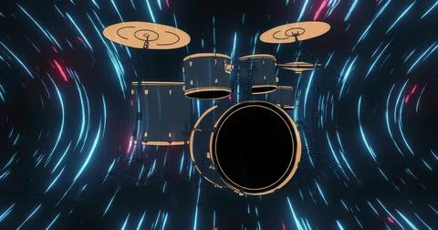 Drifting drum kit moving through neon tunnel, with bass drum, toms, hi-hat st Illustrazione stock
