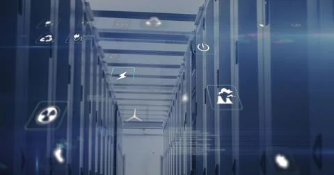 Drifting energy icons between server racks in data center hall, with cable Stock Photos