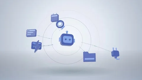 Drifting field of matte developer icons linked to a robot assistant core Video stock 342758956