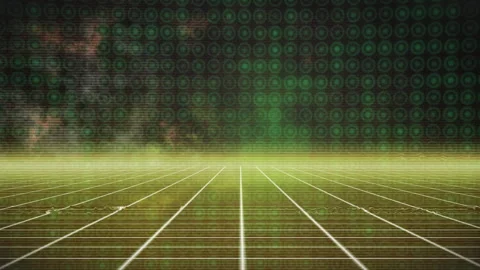 Drifting glitch artifacts igniting grid glow and pulsing circle pattern for Stock Footage 310150847
