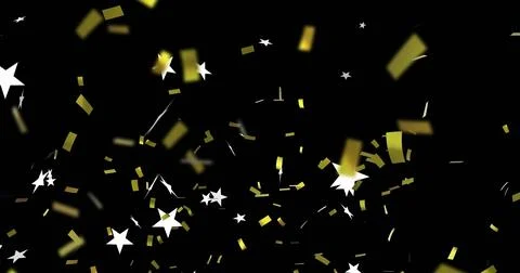 Drifting gold confetti rectangles and white star cutouts against black studio Stock Illustration