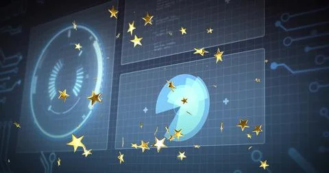 Drifting golden stars in virtual interface with gauge display pie-chart and Illustrazione stock