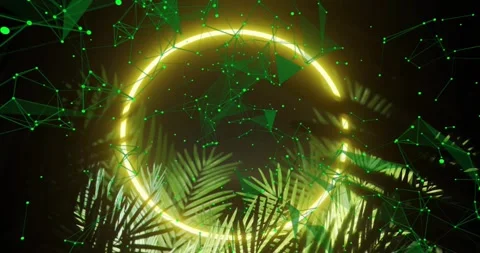 Drifting green node cloud initiating mesh forming around glowing golden ring for Stock Footage 318936804