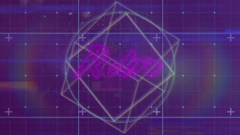 Drifting green points connecting on purple grid outlining wireframe cube with Stock Footage 311475301