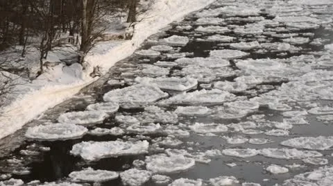 Drifting ice on Elbe River, Flusslandschaft Elbe Biosphere Reserve, Germany Stock Footage 12676400