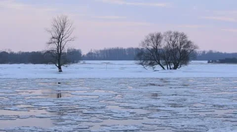 Drifting ice on Elbe River, Flusslandschaft Elbe Biosphere Reserve, Germany Stock Footage 12676583