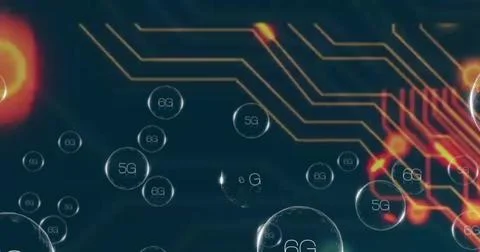 Drifting large 6G bubble through network with 5G spheres, glowing circuits, Stock Photos