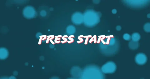 Drifting letters revealing bold PRESS START text while teal bokeh circles Stock Footage 310150498
