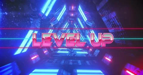 Drifting LEVEL UP text through neon-lit corridor, with panels, triangular Stock Illustration