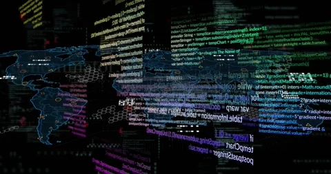 Drifting multicolored code initiating map fading rotating columns for showing Stock Footage 317369205