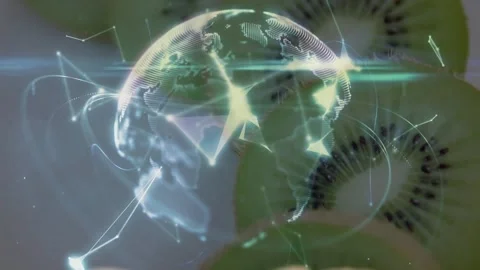 Drifting node net sparking 3D globe forming above kiwi slices hand rising globe Stock Footage 329946792