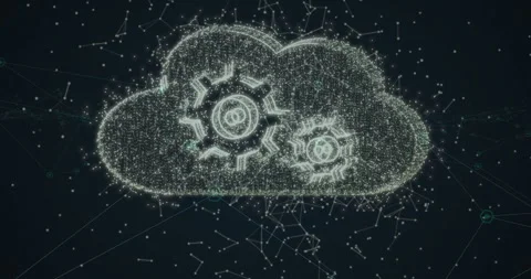 Drifting nodes accelerating into bar morphing into cloud icon with pulsing gears Stock Footage 311506383