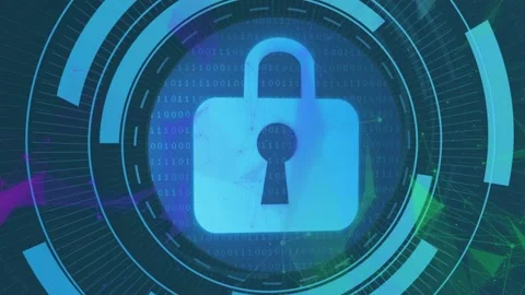 Drifting nodes forming mesh, HUD rings rotating and sliding, revealing padlock Stock Footage 332900437