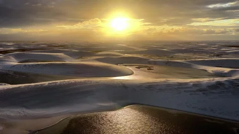 Drifting Over Reflective Sunset Lagoons in Lençóis Maranhenses Stock-Footage 342442805