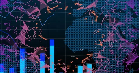 Drifting particles starting bar chart growth grid evolving map, line graph Stock Footage 313618603