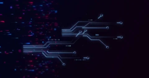 Drifting red or blue pixels entering left, initiating neon circuit pulsing nodes Stock Footage 320288271