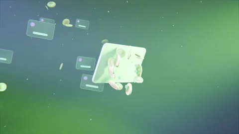 Drifting rounded card rotating, attracting coins orbiting emblem in teal Stock-Footage 337885981
