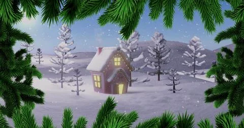 Drifting snowflakes falling through forest clearing, with glowing cottage Stock Illustration