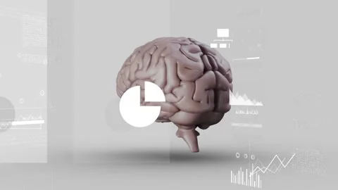 Drifting into view, 3D brain rotating while displaying data charts visualizing Stock Footage 318260490