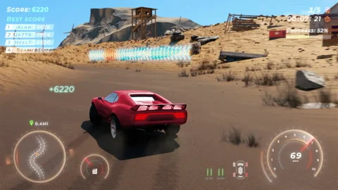 Drifting the virtual red supercar on the sandy track in the racing video game Video stock 219495332