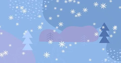 Drifting white snowflakes forming central cluster across stylized winter hills, Stock Illustration