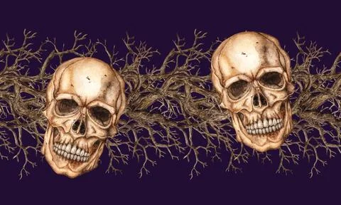 Driftwood and skulls face pattern horizontal on blue watercolor 스톡 일러스트