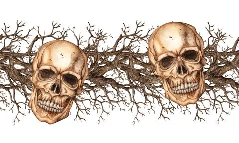 Driftwood and skulls face pattern horizontal watercolor Illustrazione stock
