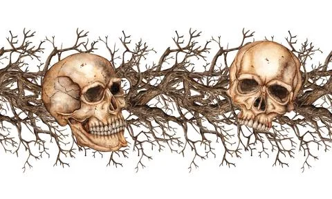 Driftwood and skulls pattern horizontal watercolor 스톡 일러스트
