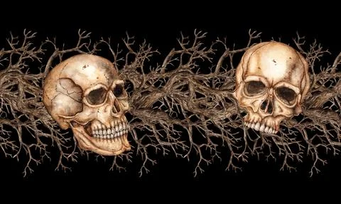Driftwood and skulls pattern horizontal on black watercolor Illustrazione stock