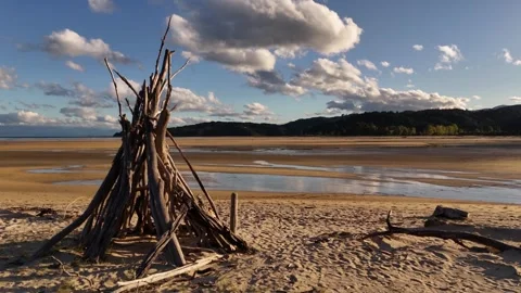 Driftwood firepit on beach at sunset in Abel Tasman National Park, New Zealand Stock Footage 337203701